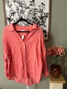 Sigrid Olsen Salmon Orange 100% Linen Button Down Long Sleeve Toll Tab Size XL
